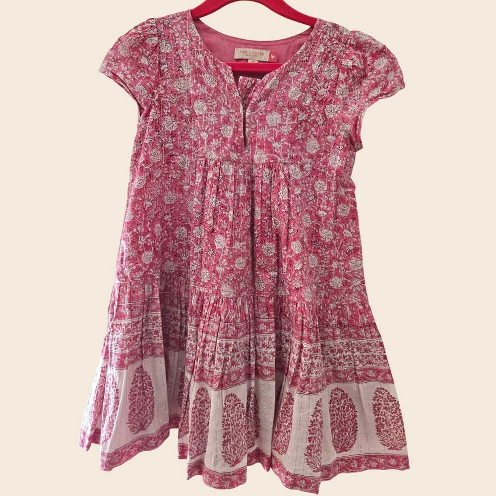 Pink Chicken NY Girls Pink Floral Block Print Metallic Tiered Dress 4Y